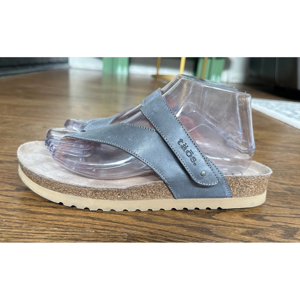 Taos Trulie Women 9-9.5 Gray Leather Slide Sandal Comfort Cork Footbed Walking